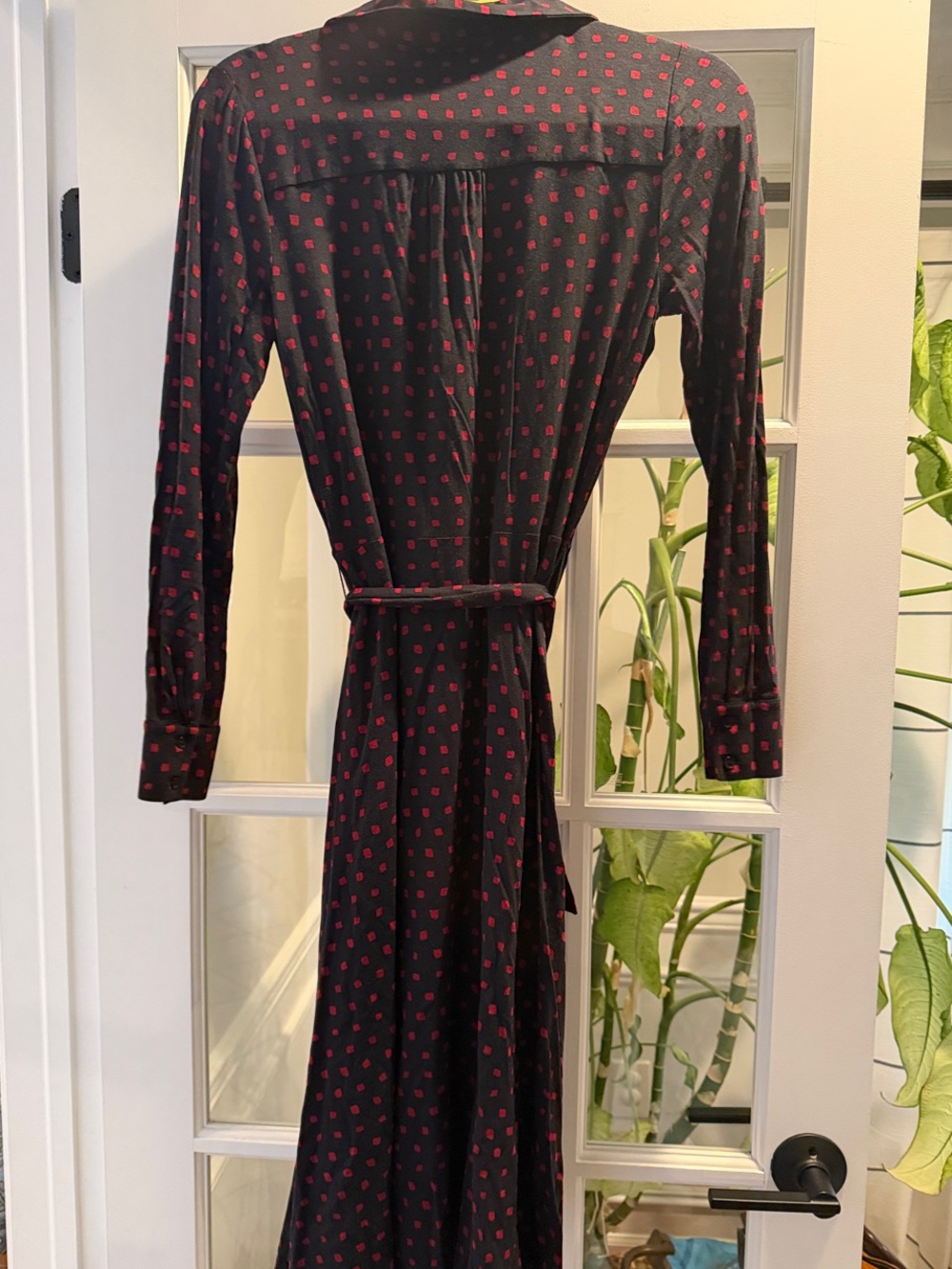 Blue Long-Sleeve Wrap Dress with Red Dot Print - Picture 3 of 3
